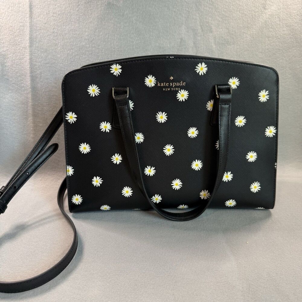 Kate Spade Perry Medium Satchel Black Daisy Floral Saffiano Leather Handbag